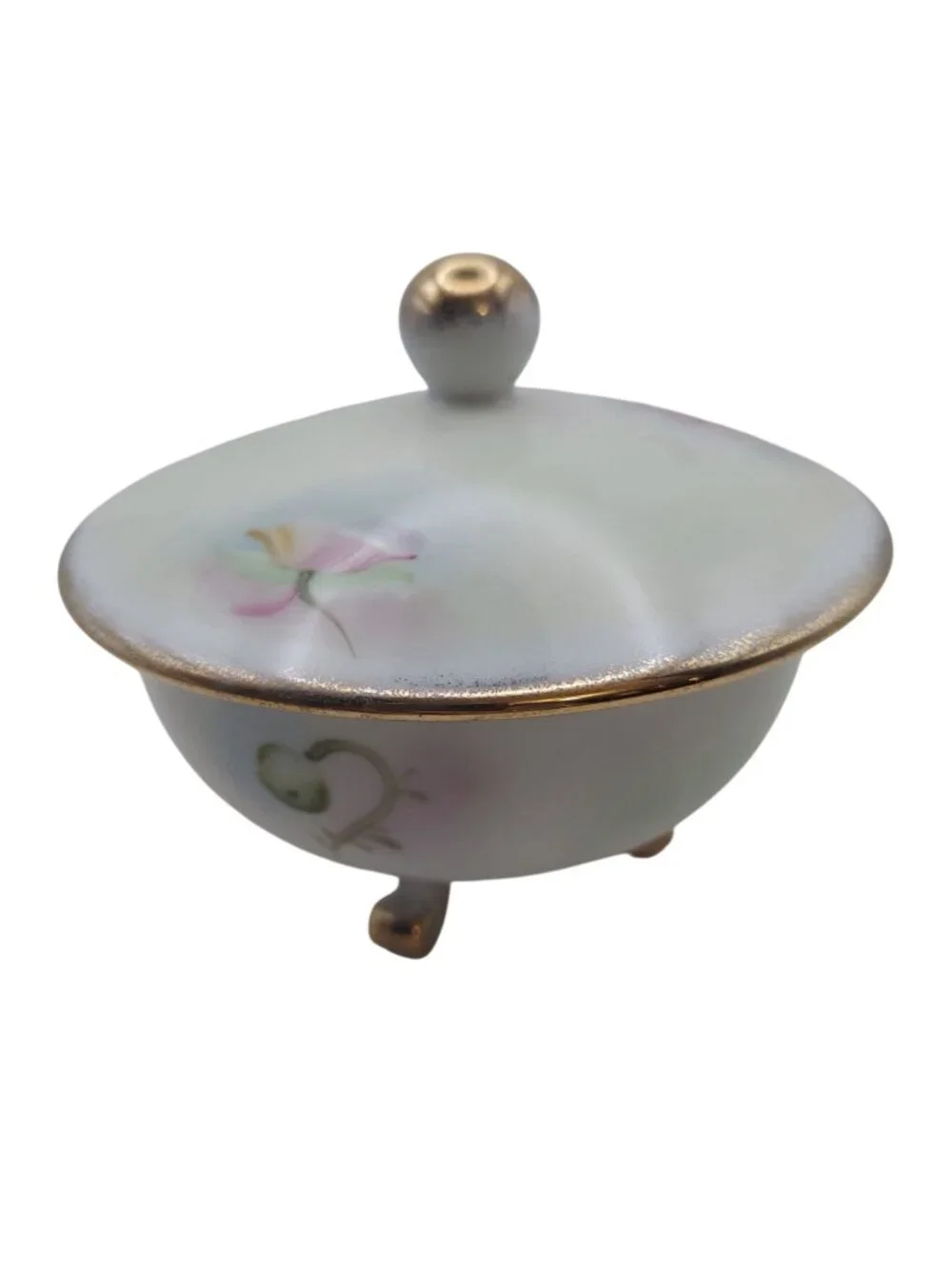 Lefton Covered Vanity Dish Footed Hand Painted Floral Porcelain Trinket Vintage